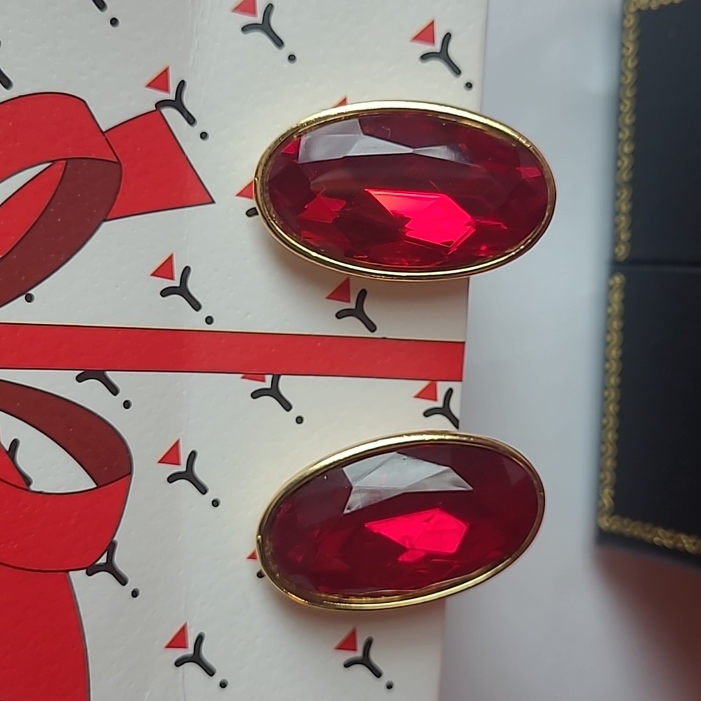 Signed YSL Elegant Red Oval Earrings Faceted Golden Large